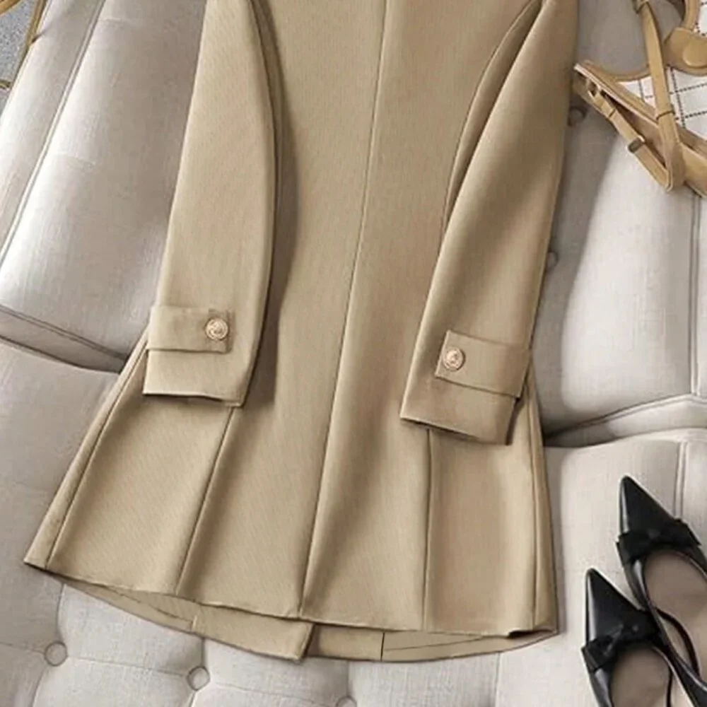 Khaki Elegant Women's Casual Cinched Waist Sleeve Detail Long Sleeve Blazer - Picture 6 of 6